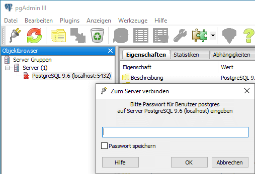 Screenshot Konfiguration pgAdmin III Serverzugriff