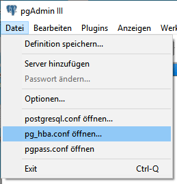 Screenshot pgAdmin III, pg_hba.conf öffnen