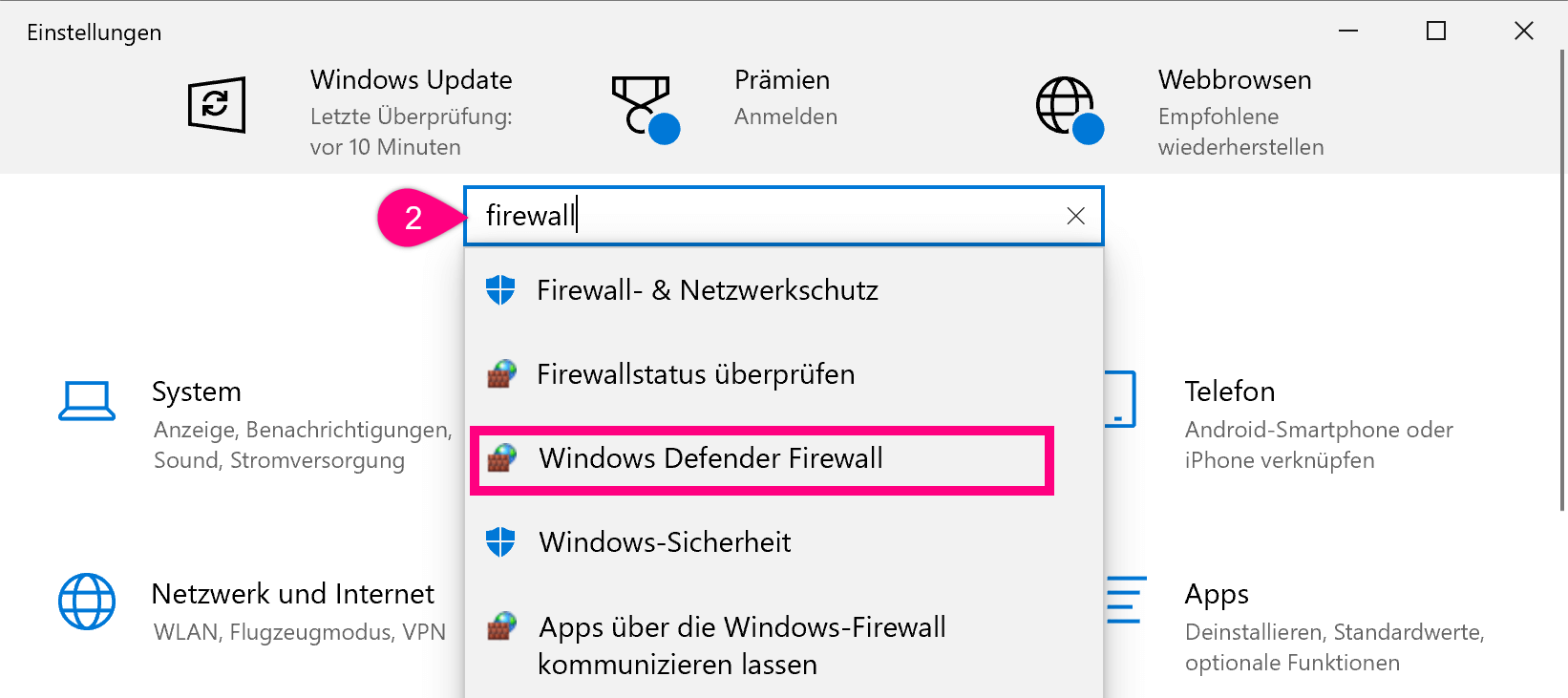 Screenshot Windows Einstellungen mit Suche nach ‚Firewall'