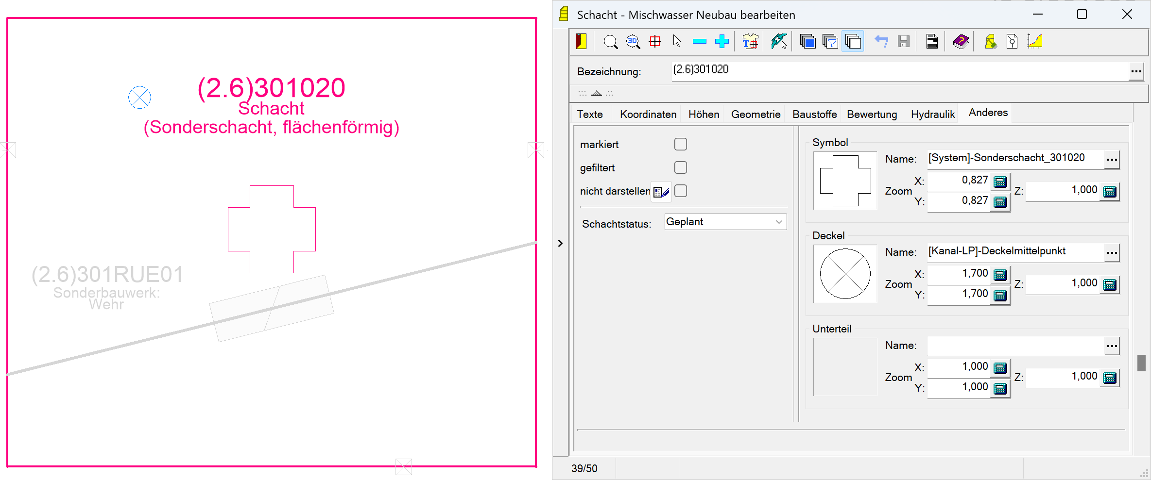 Screenshot Sonderschacht mit individuellem Symbol, DMP und Kontur